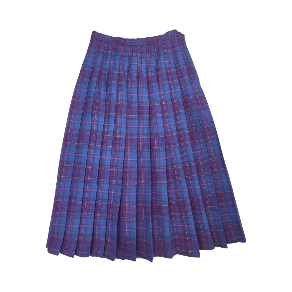 Pendleton Vintage 70s Wool Plaid Pleated Skirt Blue Purple Made in USA Academia